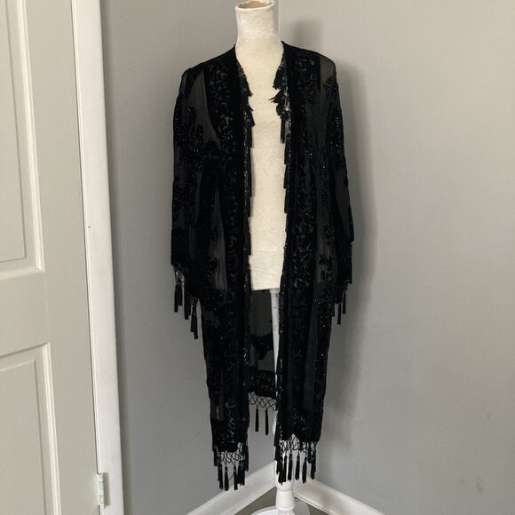 Aris A Vintage 90s Silk Burn out velvet kimono beaded tassel whimsigoth One Size - Picture 4 of 16